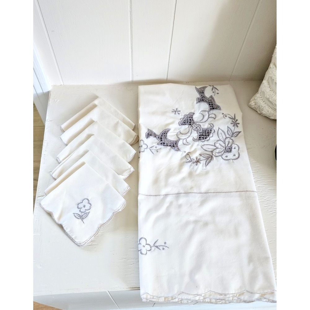 Vintage 80's Tablecloth, 6 Napkins 40 x 40 Ivory with Stone Colored Embroidery